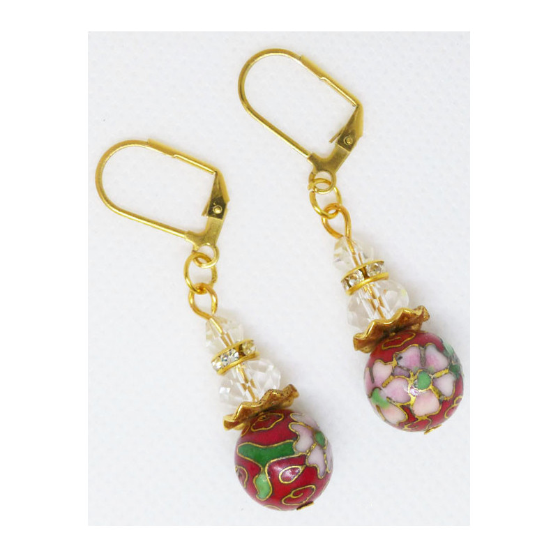 Boucles d'oreille perle cloisonnée japonaise rouge + cristal transparent