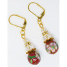 Boucles d'oreille perle cloisonnée japonaise rouge + cristal transparent