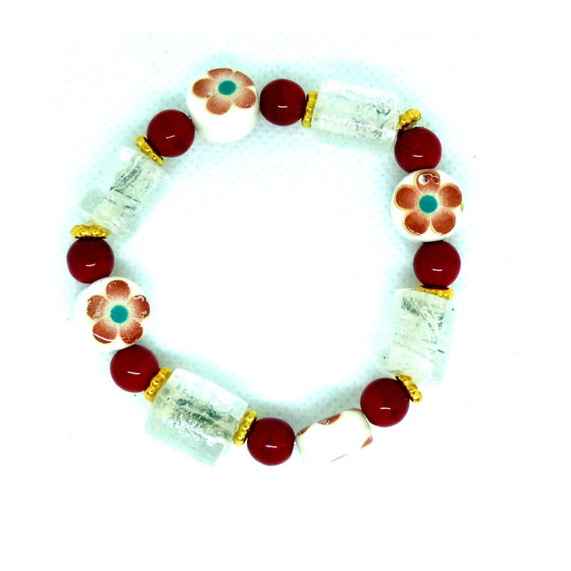 Bracelet perles céramiques décorées de fleurs, perles de verre rouges et cristal