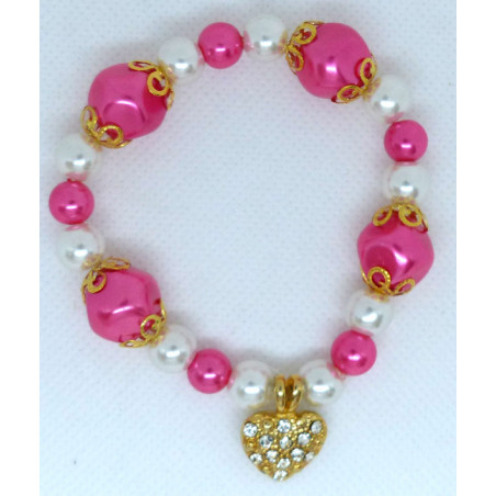 Bracelet perles de culture rose et blanc avec cœur strass